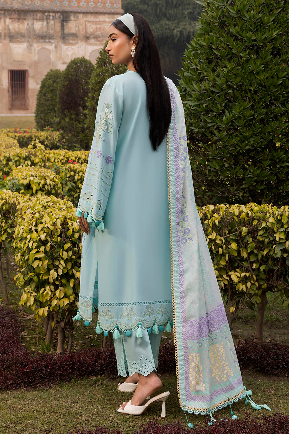 3 Piece Embroidered Lawn Suit with Lacquer Printed Denting Dupatta - Image 4
