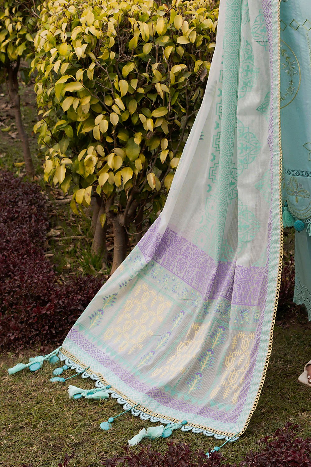 3 Piece Embroidered Lawn Suit with Lacquer Printed Denting Dupatta - Image 6