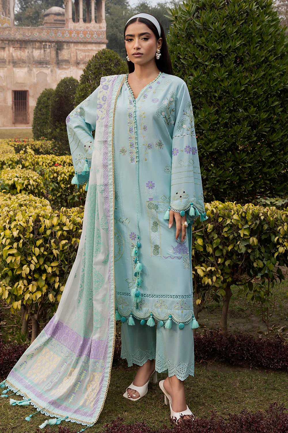 3 Piece Embroidered Lawn Suit with Lacquer Printed Denting Dupatta - Image 7