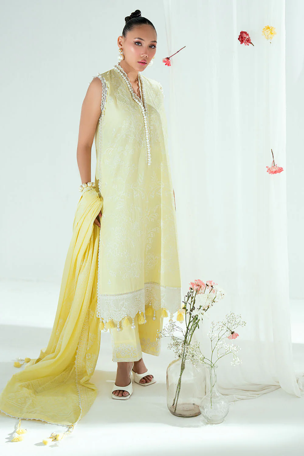 3 Piece Embroidered Lawn Suit with Lacquer Printed Denting Dupatta - Image 3