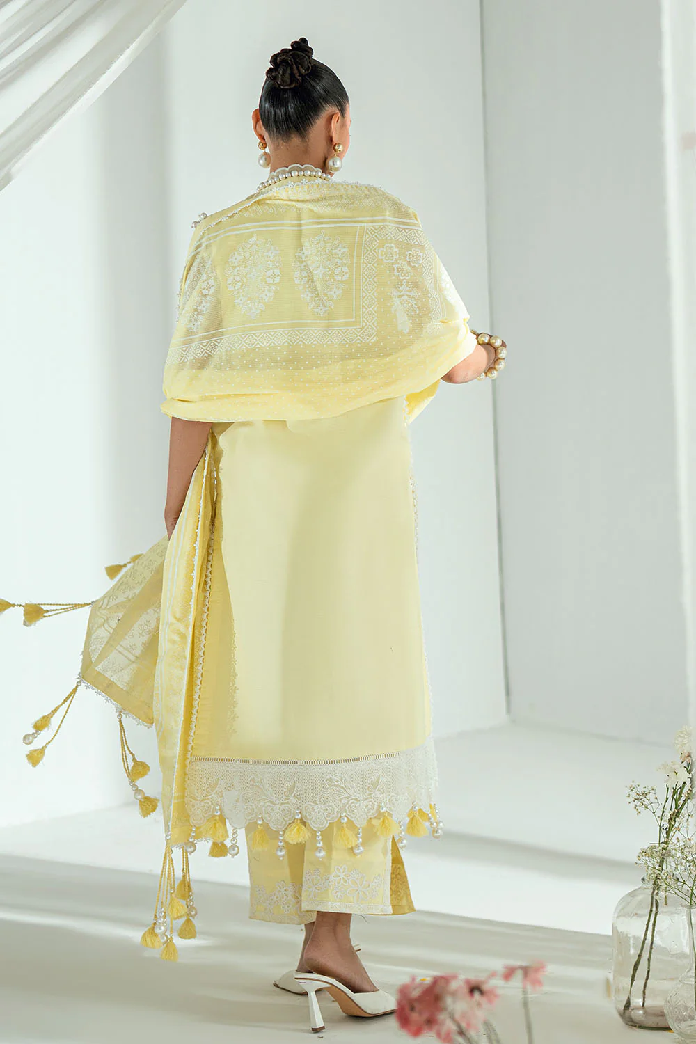 3 Piece Embroidered Lawn Suit with Lacquer Printed Denting Dupatta - Image 5