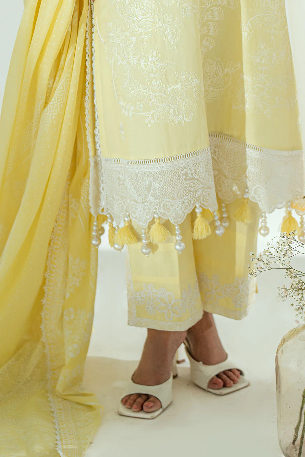 3 Piece Embroidered Lawn Suit with Lacquer Printed Denting Dupatta - Image 6