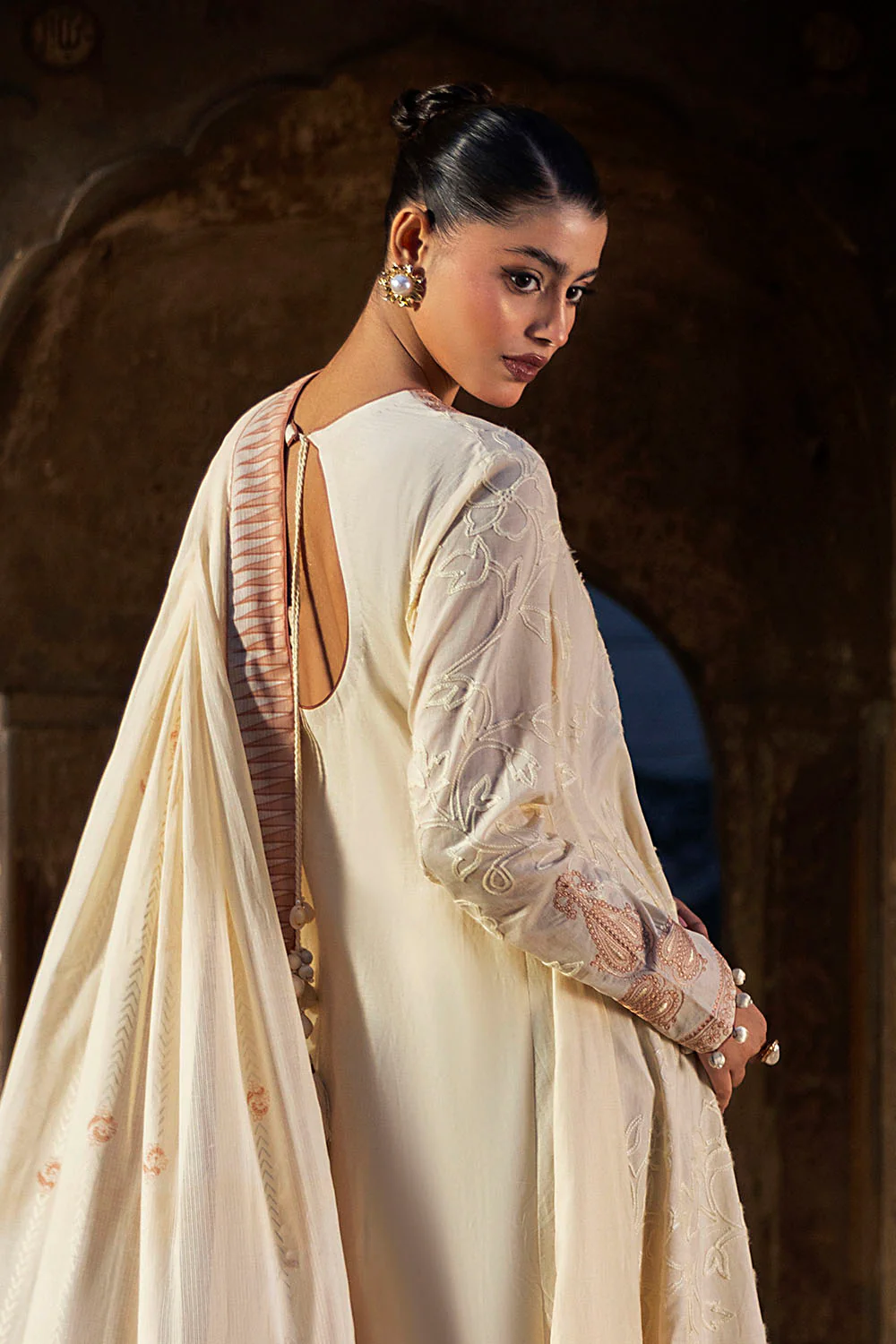 3 Piece Embroidered Lawn Suit with Lacquer Printed Denting Dupatta - Image 4