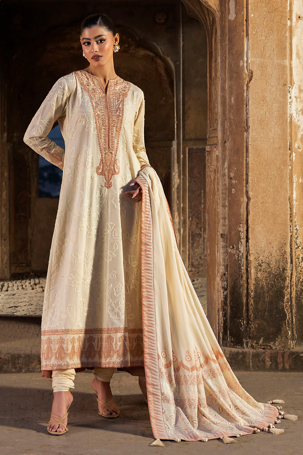 3 Piece Embroidered Lawn Suit with Lacquer Printed Denting Dupatta - Image 7
