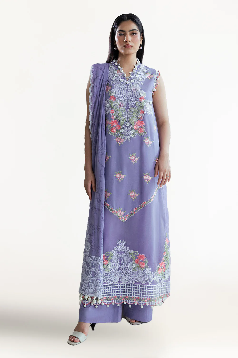 3 Piece Embroidered Lawn Suit with Neckline, Bunches and Chiffon Dupatta