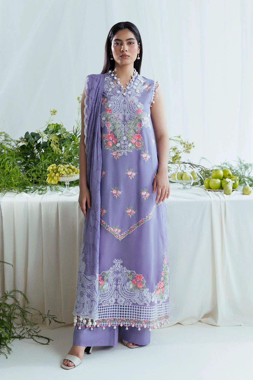 3 Piece Embroidered Lawn Suit with Neckline, Bunches and Chiffon Dupatta - Image 6