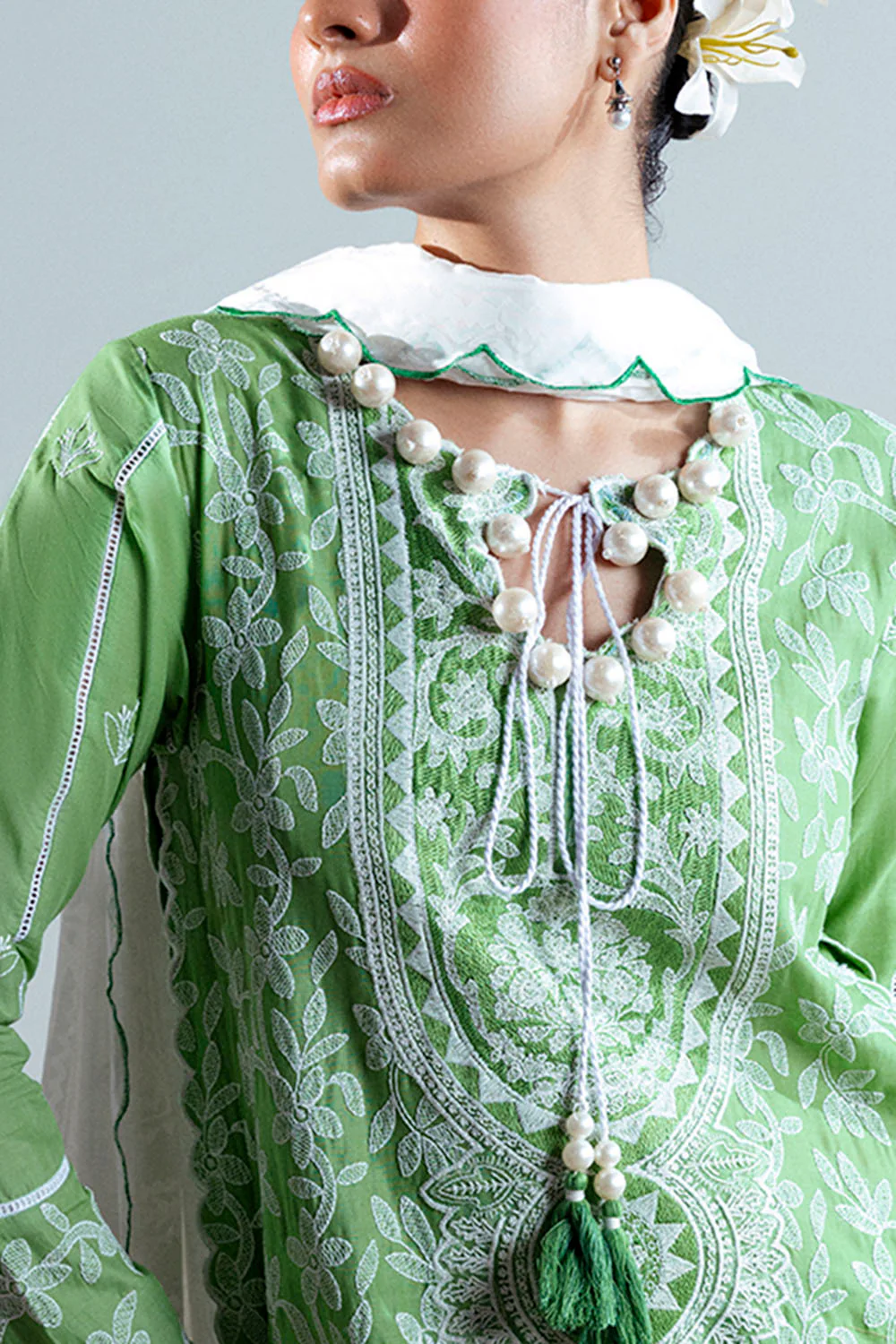 3 Piece Embroidered Lawn Suit with Neckline, Bunches and Silk Dupatta - Image 2