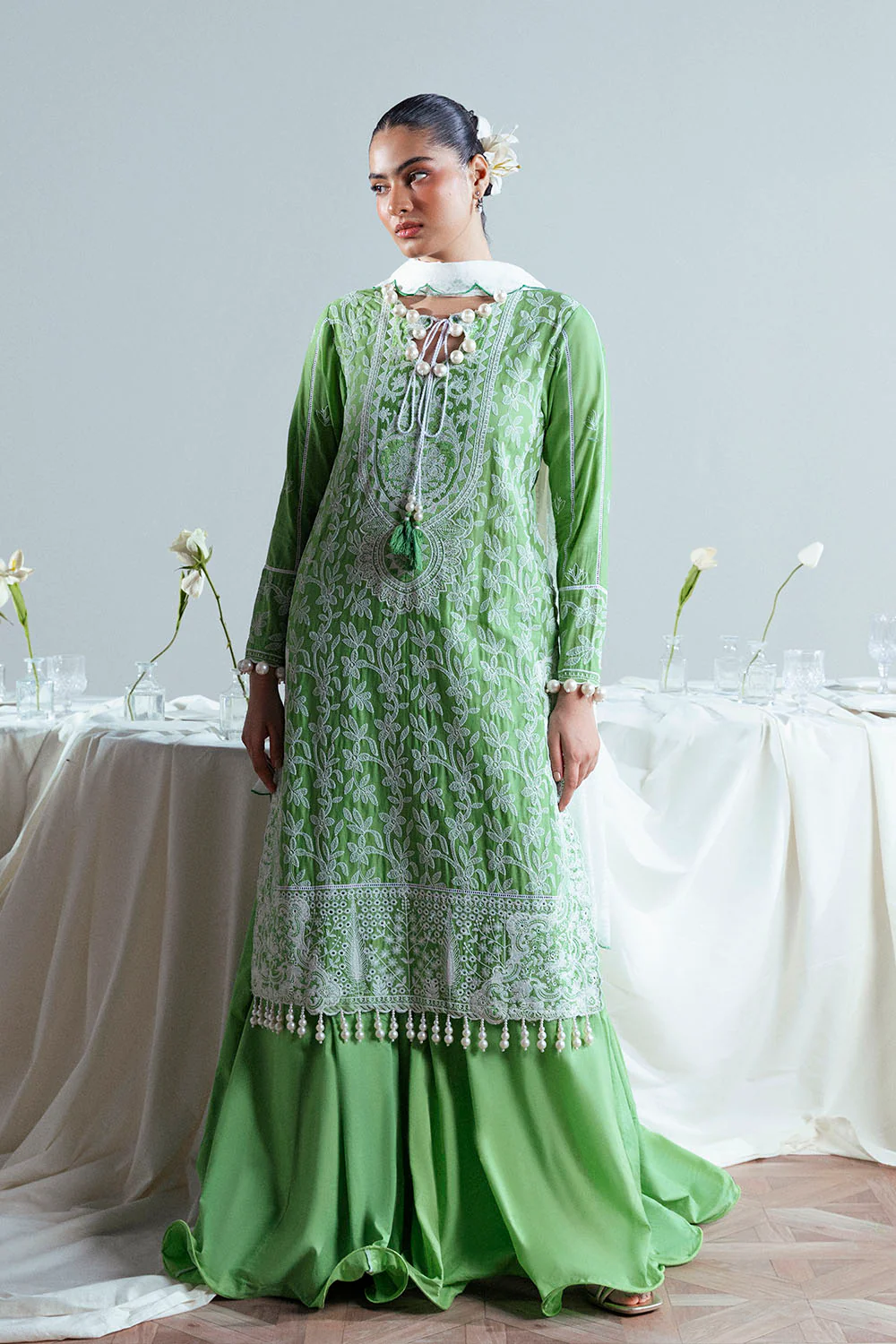 3 Piece Embroidered Lawn Suit with Neckline, Bunches and Silk Dupatta - Image 3