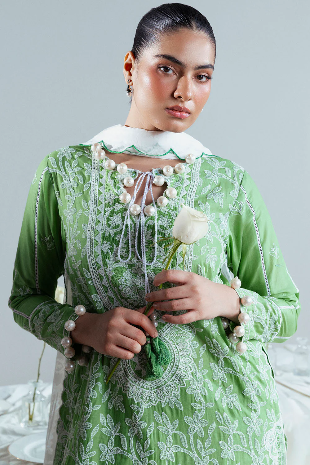 3 Piece Embroidered Lawn Suit with Neckline, Bunches and Silk Dupatta - Image 5