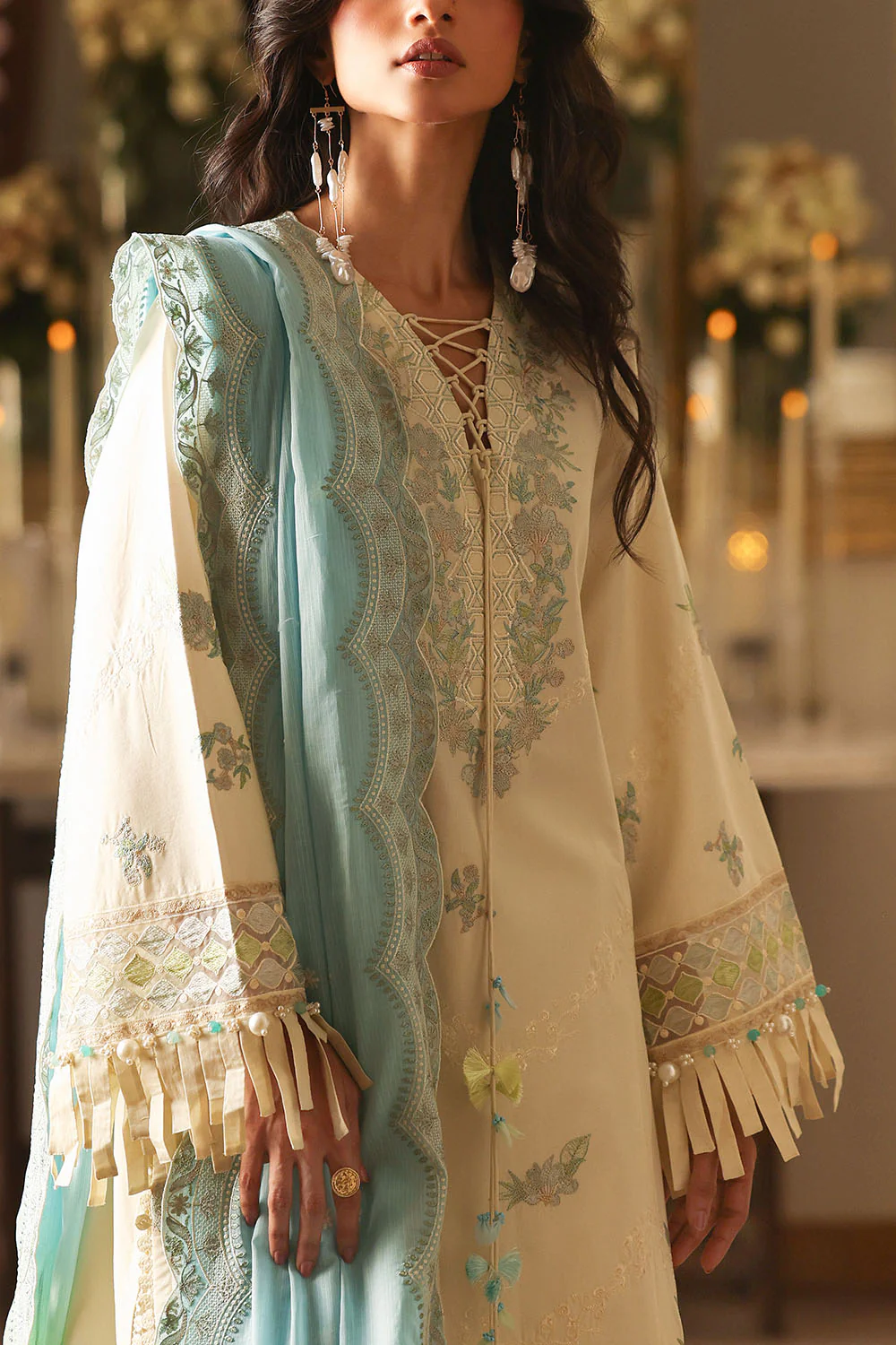 3 Piece Embroidered Lawn Suit with Organza Borders and Embroidered Printed Denting Lawn Dupatta - Image 2