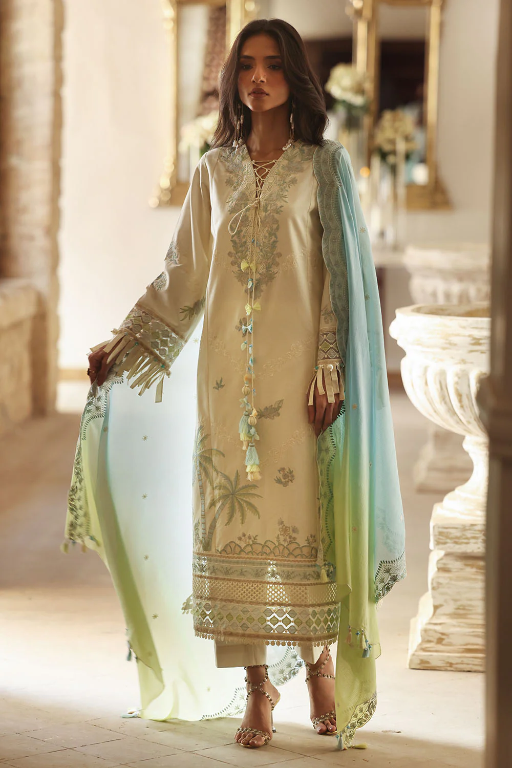 3 Piece Embroidered Lawn Suit with Organza Borders and Embroidered Printed Denting Lawn Dupatta - Image 7