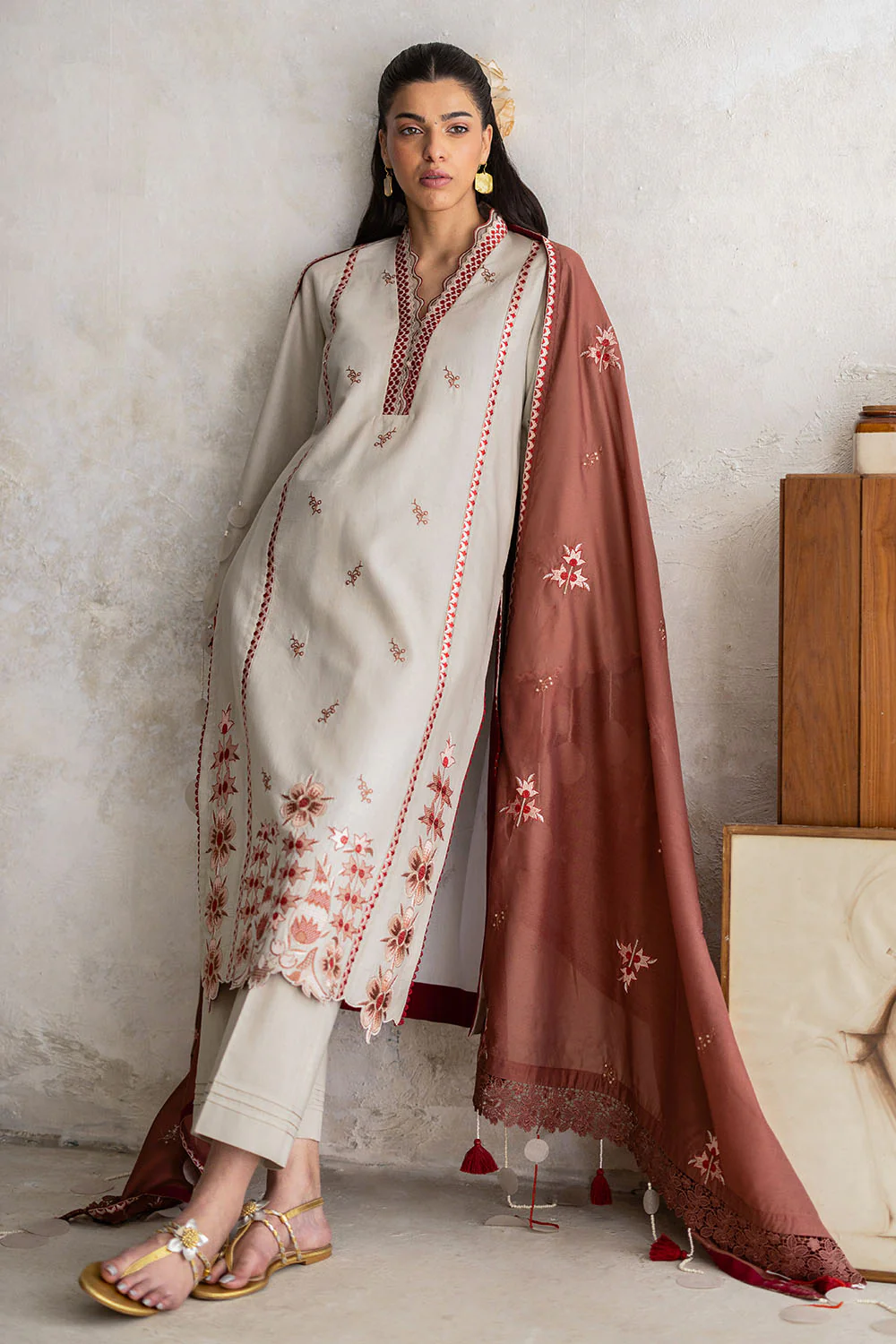 3 Piece Embroidered Lawn Suit with Paper Cotton Dupatta and Borders - Image 3