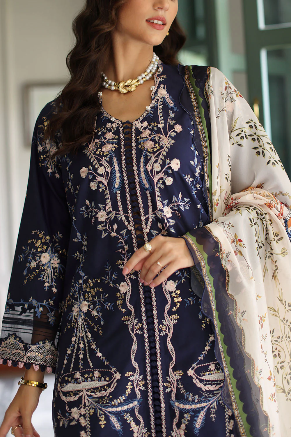 3 Piece Embroidered Lawn Suit with Silk Dupatta - Image 2