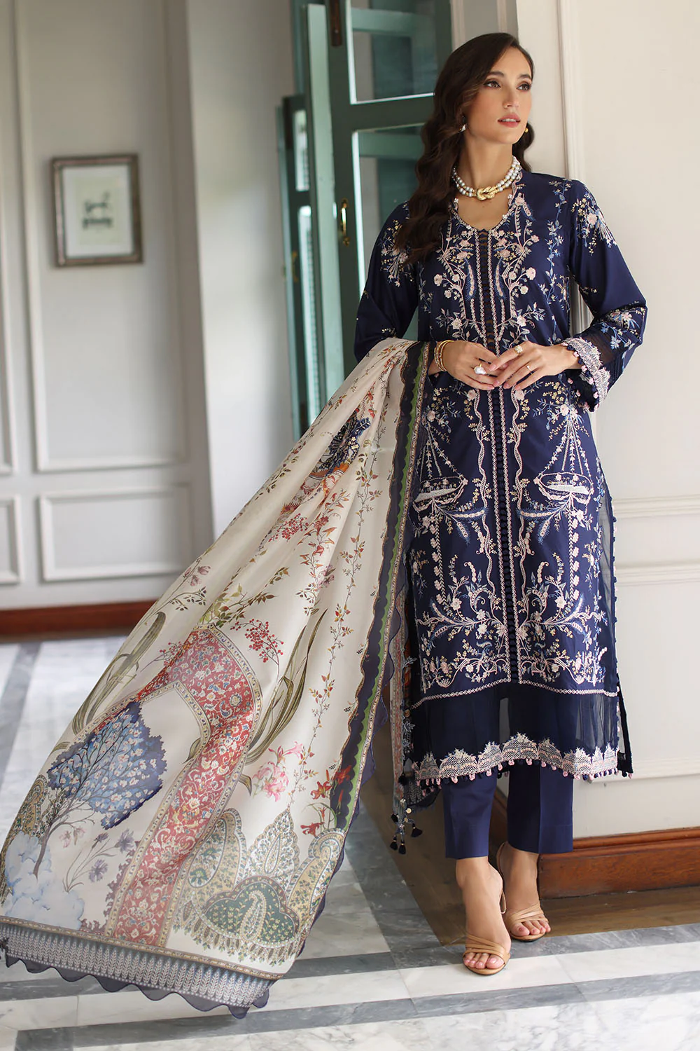 3 Piece Embroidered Lawn Suit with Silk Dupatta - Image 6