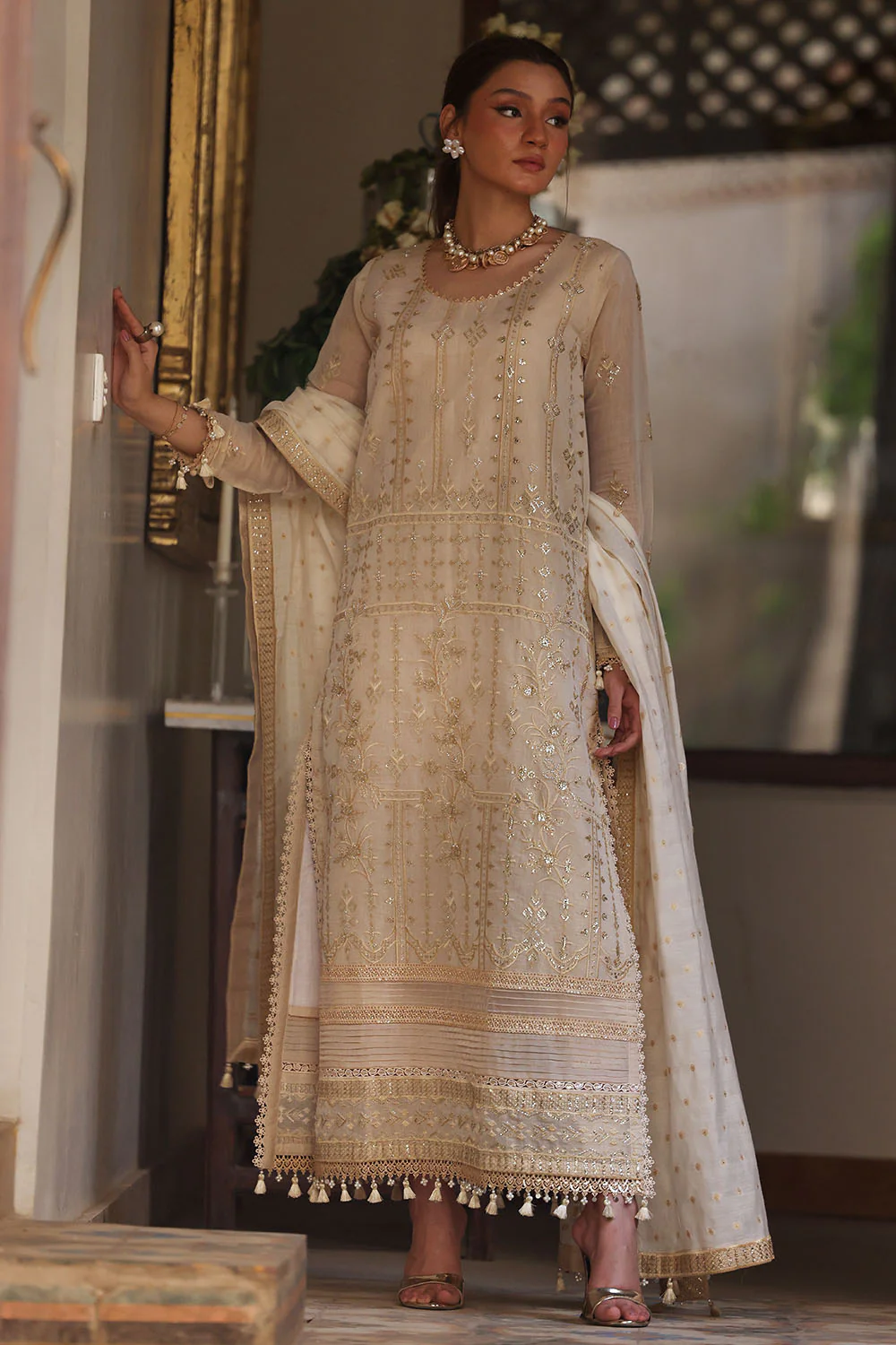 3 Piece Embroidered Mehsuri Suit with Borders and Jacquard Dupatta - Image 7