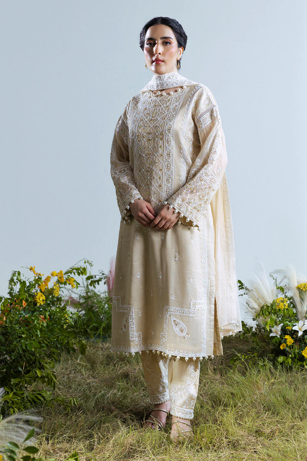 3 Piece Embroidered Mehsuri Suit with Handwork and Raw Silk Trouser - Image 3