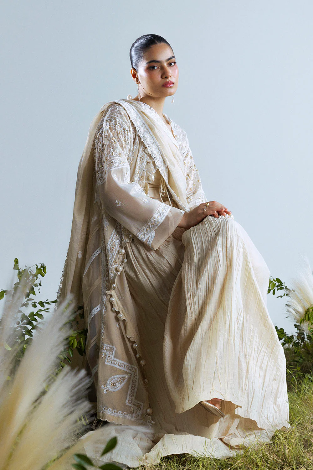 3 Piece Embroidered Mehsuri Suit with Handwork and Raw Silk Trouser - Image 4