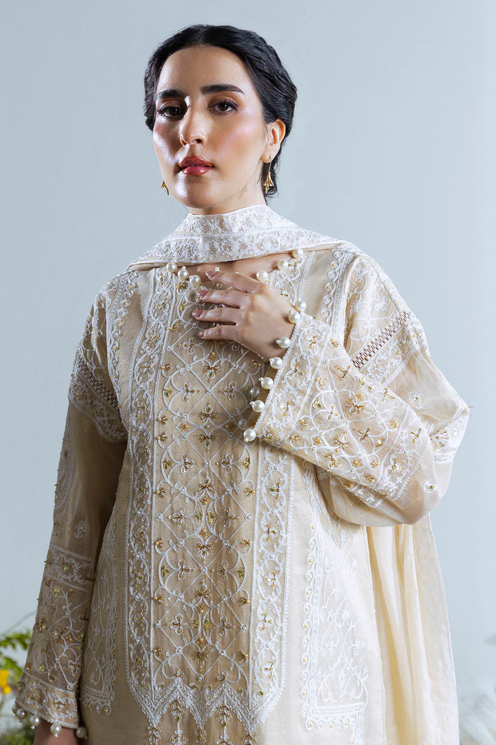 3 Piece Embroidered Mehsuri Suit with Handwork and Raw Silk Trouser - Image 6