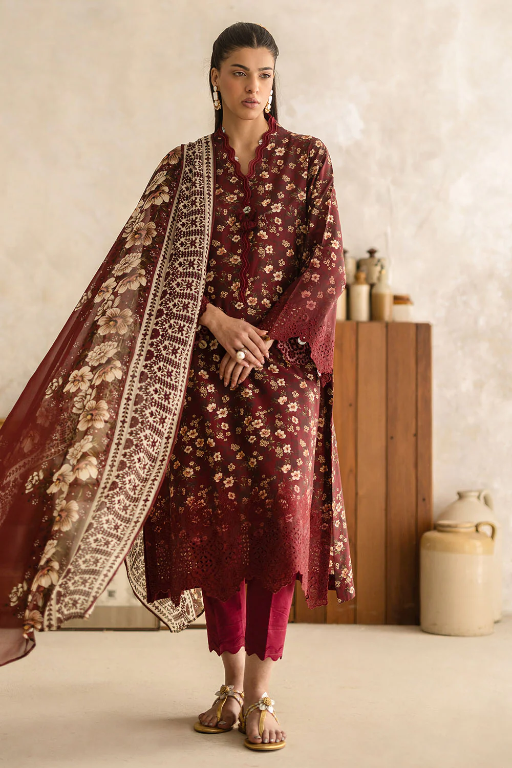 3 Piece Embroidered Printed Lawn Suit with Chiffon Dupatta - Image 6