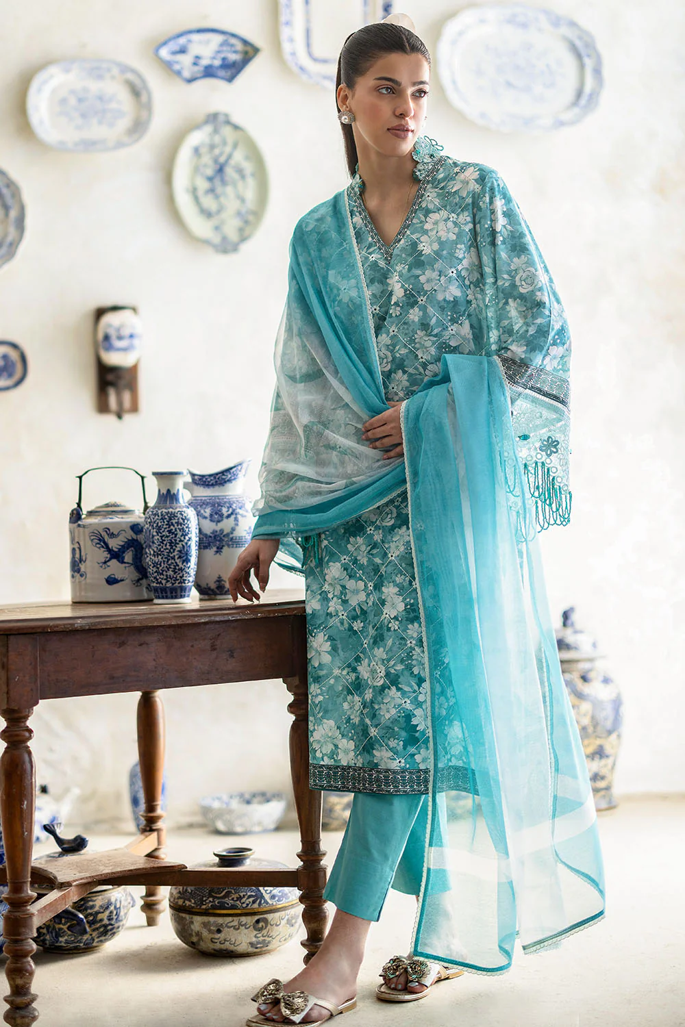 3 Piece Embroidered Printed Lawn Suit with Cotton Net Dupatta and Borders - Image 6