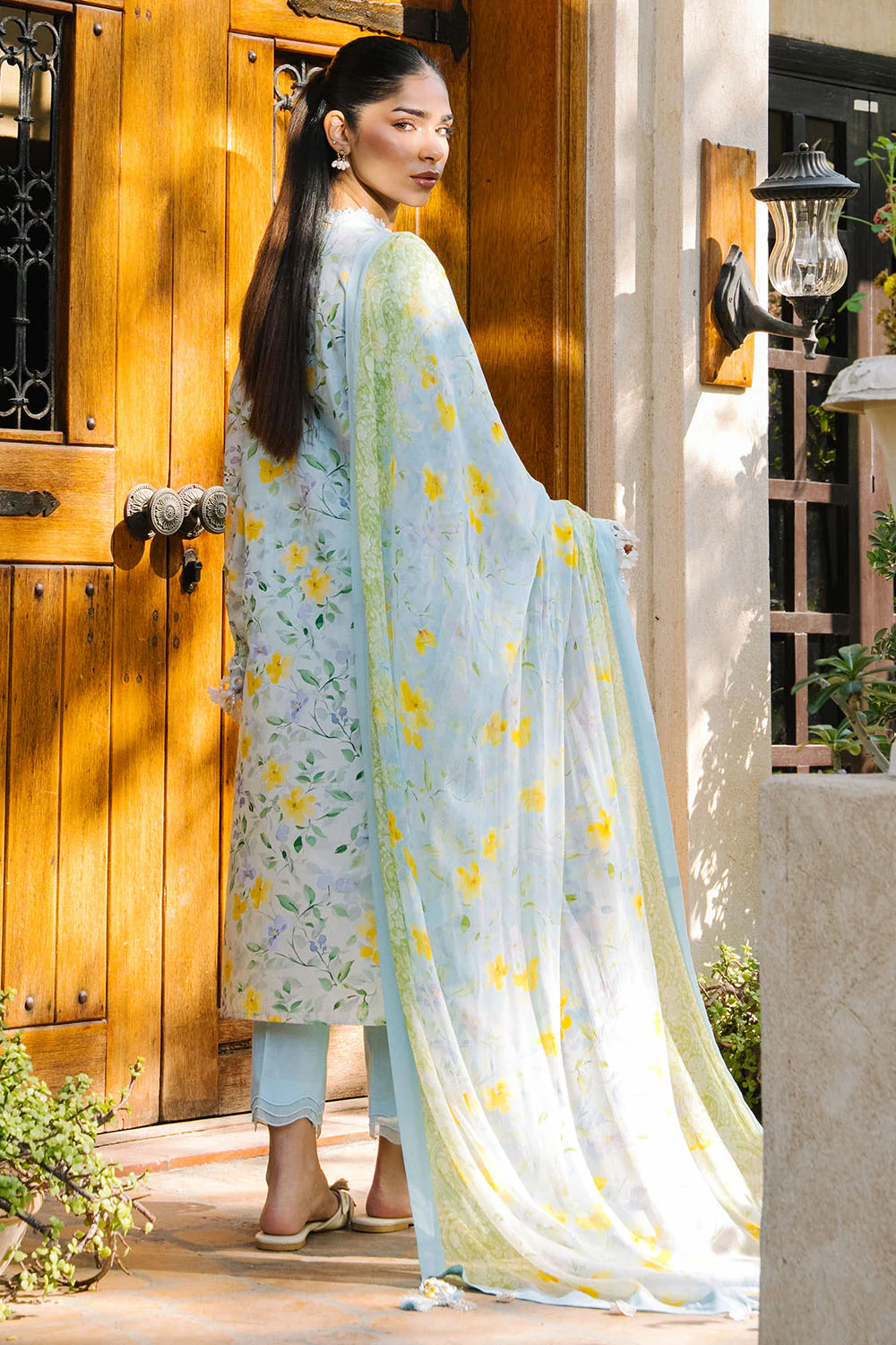 3 Piece Embroidered Printed Lawn Suit with Printed Chiffon Dupatta - Image 4