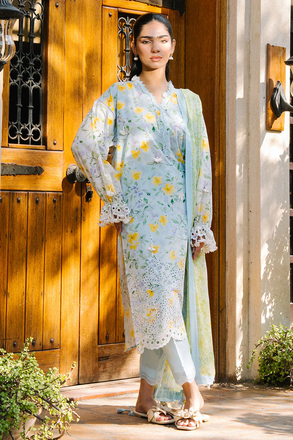3 Piece Embroidered Printed Lawn Suit with Printed Chiffon Dupatta - Image 6