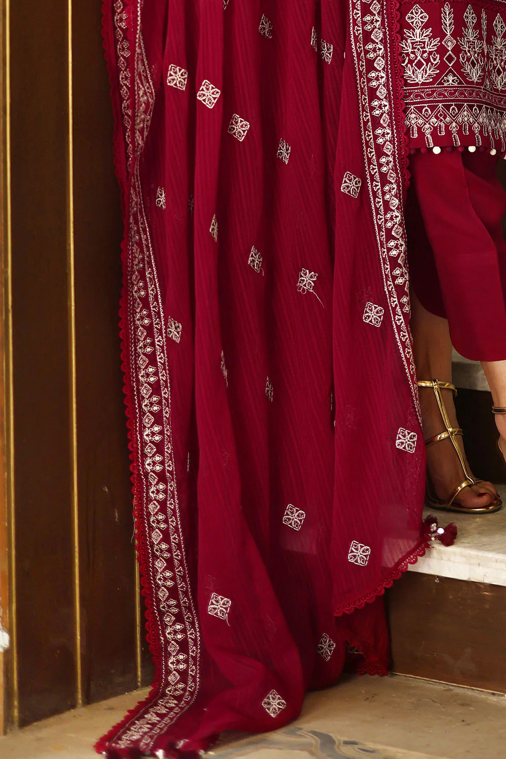 3 Piece Embroidered Raw Silk Suit with Borders and Embroidered Polyester Dupatta - Image 6