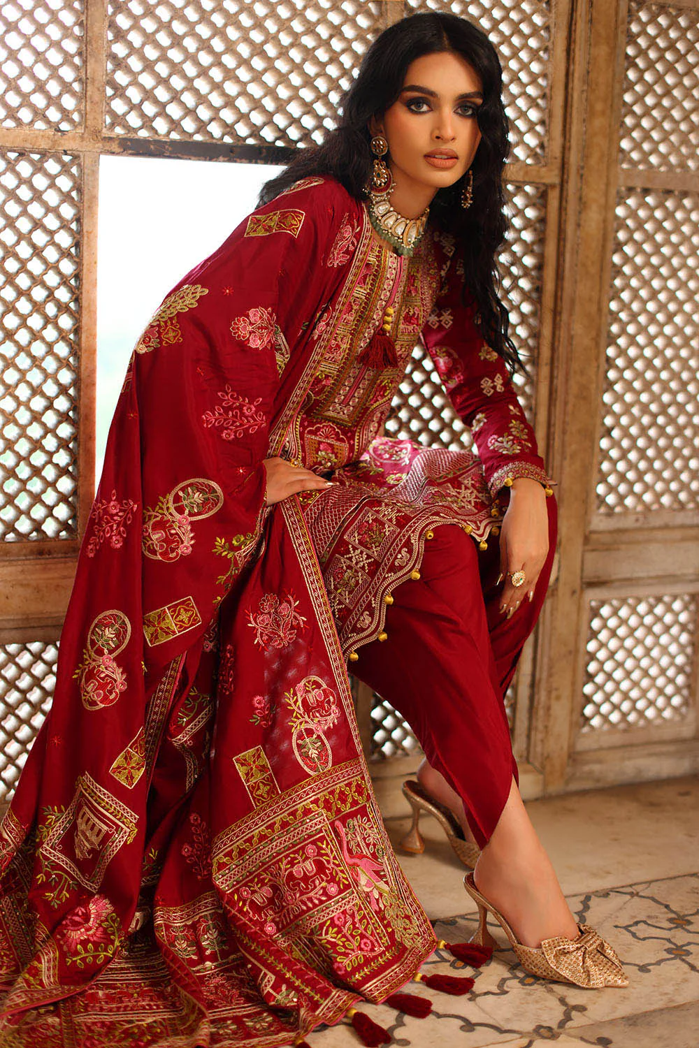 3 Piece Embroidered Raw Silk Suit with Dupatta - Image 3