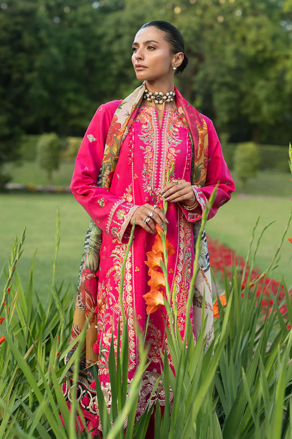 3 Piece Embroidered Raw Silk Suit with Embroidered Organza Borders and Printed Silk Dupatta - Image 3