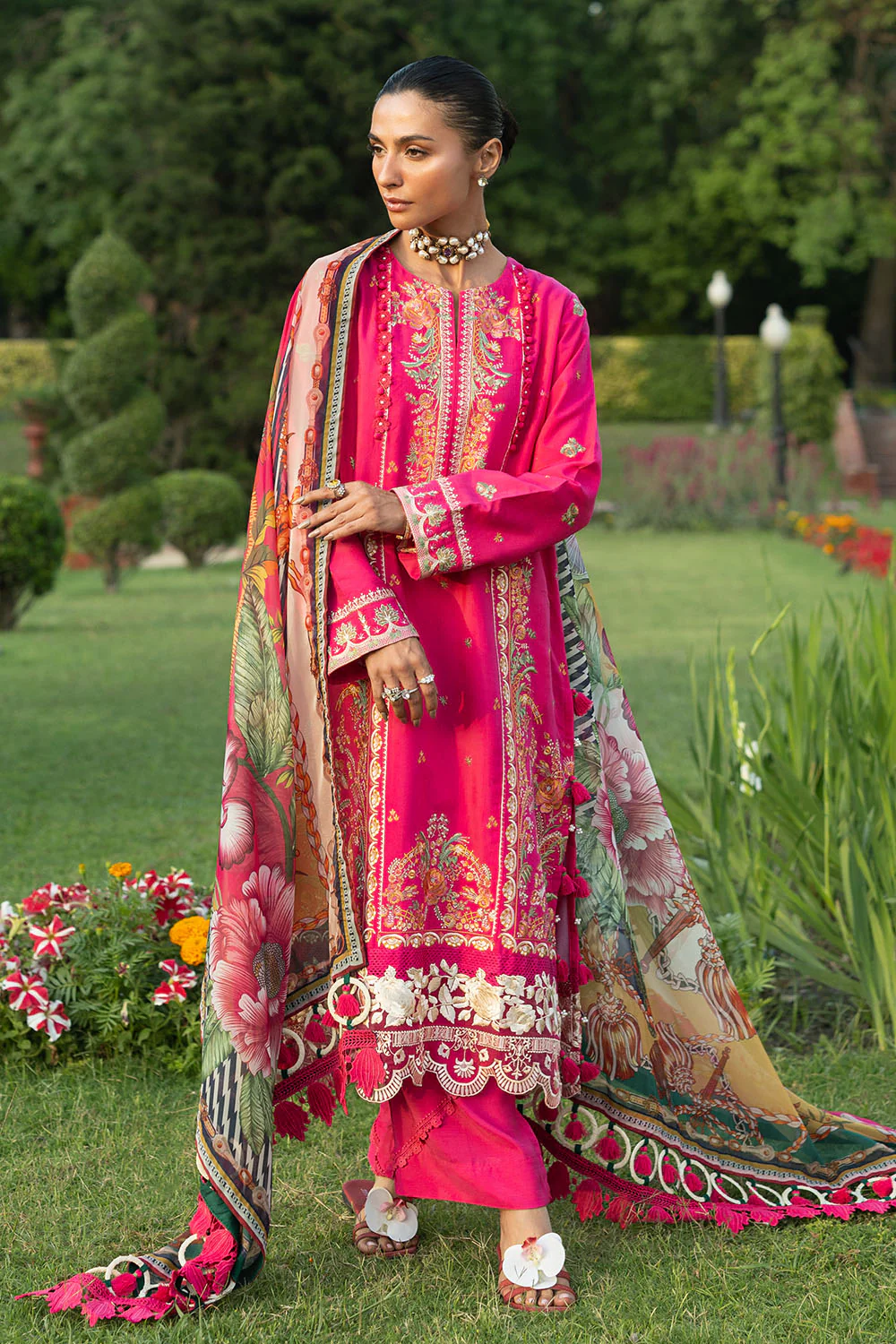 3 Piece Embroidered Raw Silk Suit with Embroidered Organza Borders and Printed Silk Dupatta - Image 6