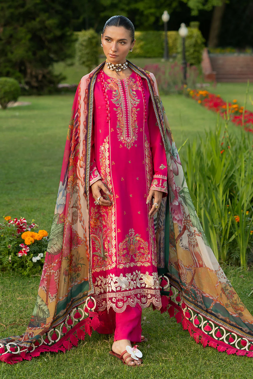3 Piece Embroidered Raw Silk Suit with Embroidered Organza Borders and Printed Silk Dupatta - Image 7
