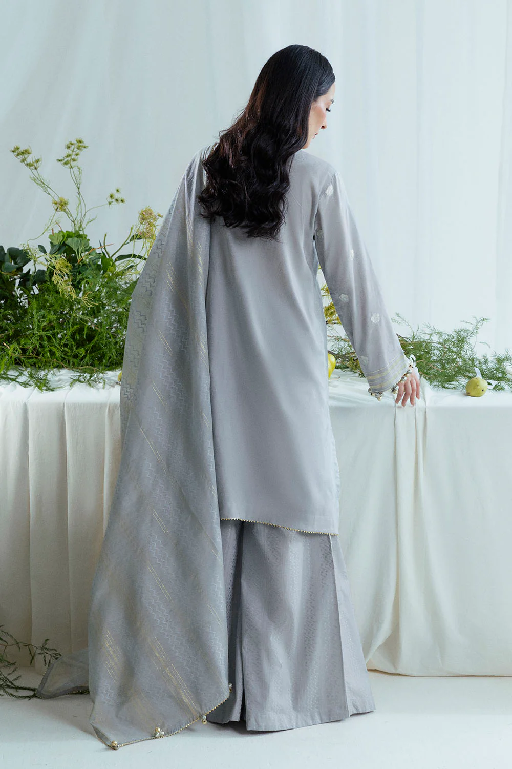 3 Piece Embroidered Self Jacquard Suit with Handwork and Chikan Kari Trouser - Image 3