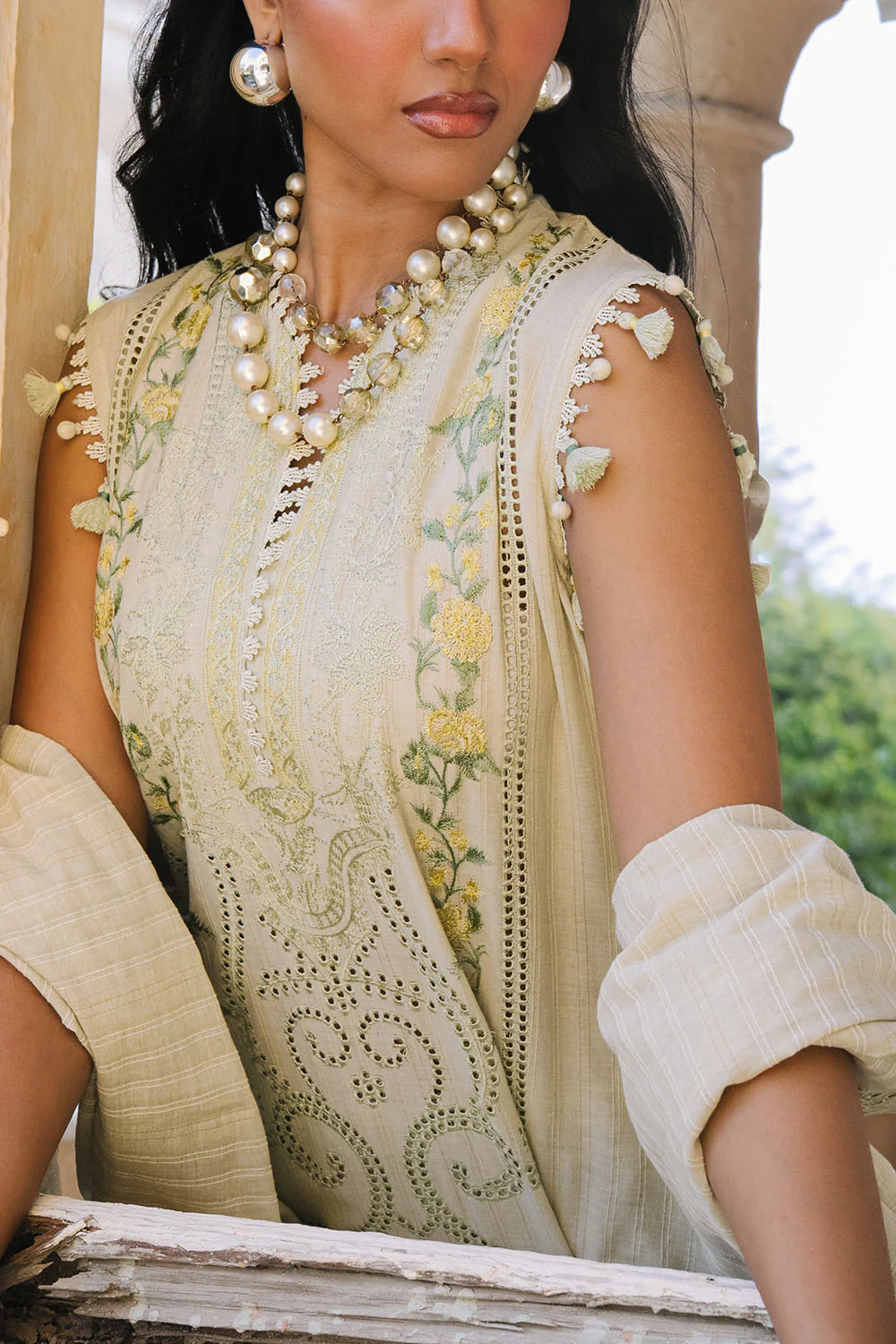 3 Piece Embroidered Zari Stripe Suit with Organza Borders and Embroidered Jacquard Dupatta - Image 2