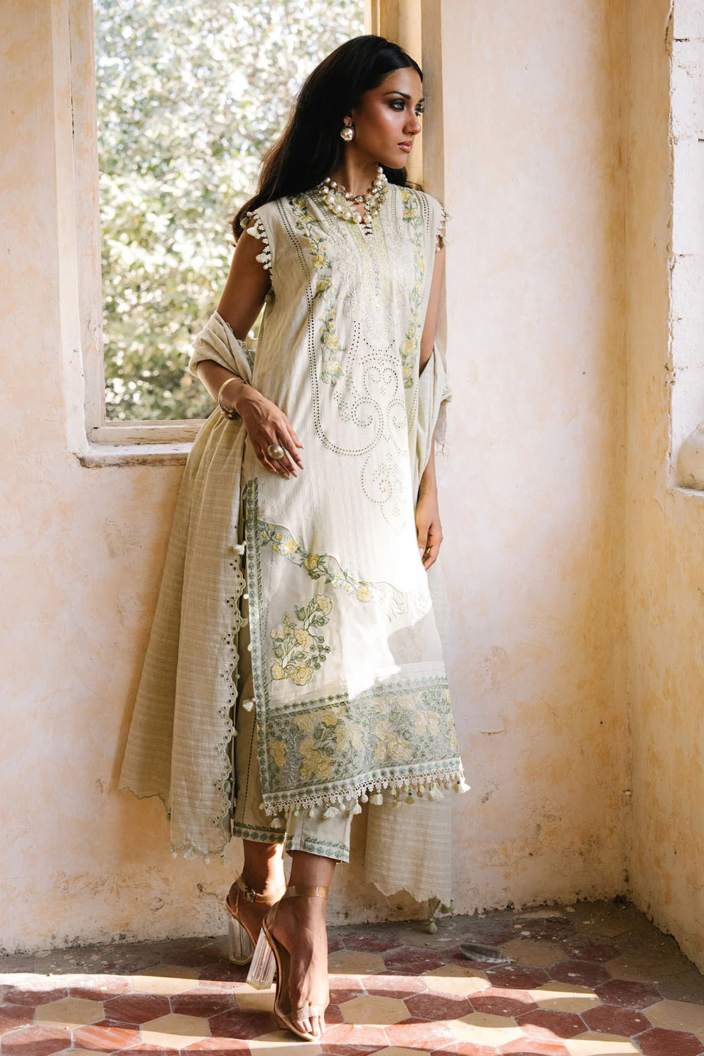 3 Piece Embroidered Zari Stripe Suit with Organza Borders and Embroidered Jacquard Dupatta - Image 3
