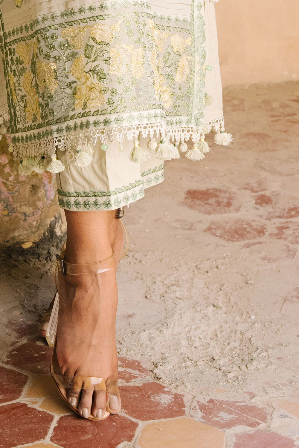 3 Piece Embroidered Zari Stripe Suit with Organza Borders and Embroidered Jacquard Dupatta - Image 4