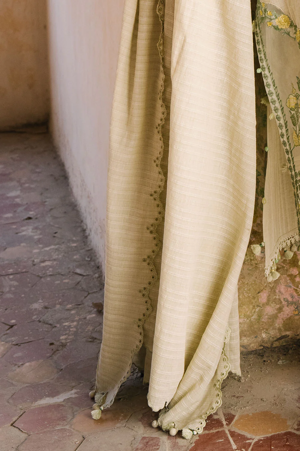 3 Piece Embroidered Zari Stripe Suit with Organza Borders and Embroidered Jacquard Dupatta - Image 5