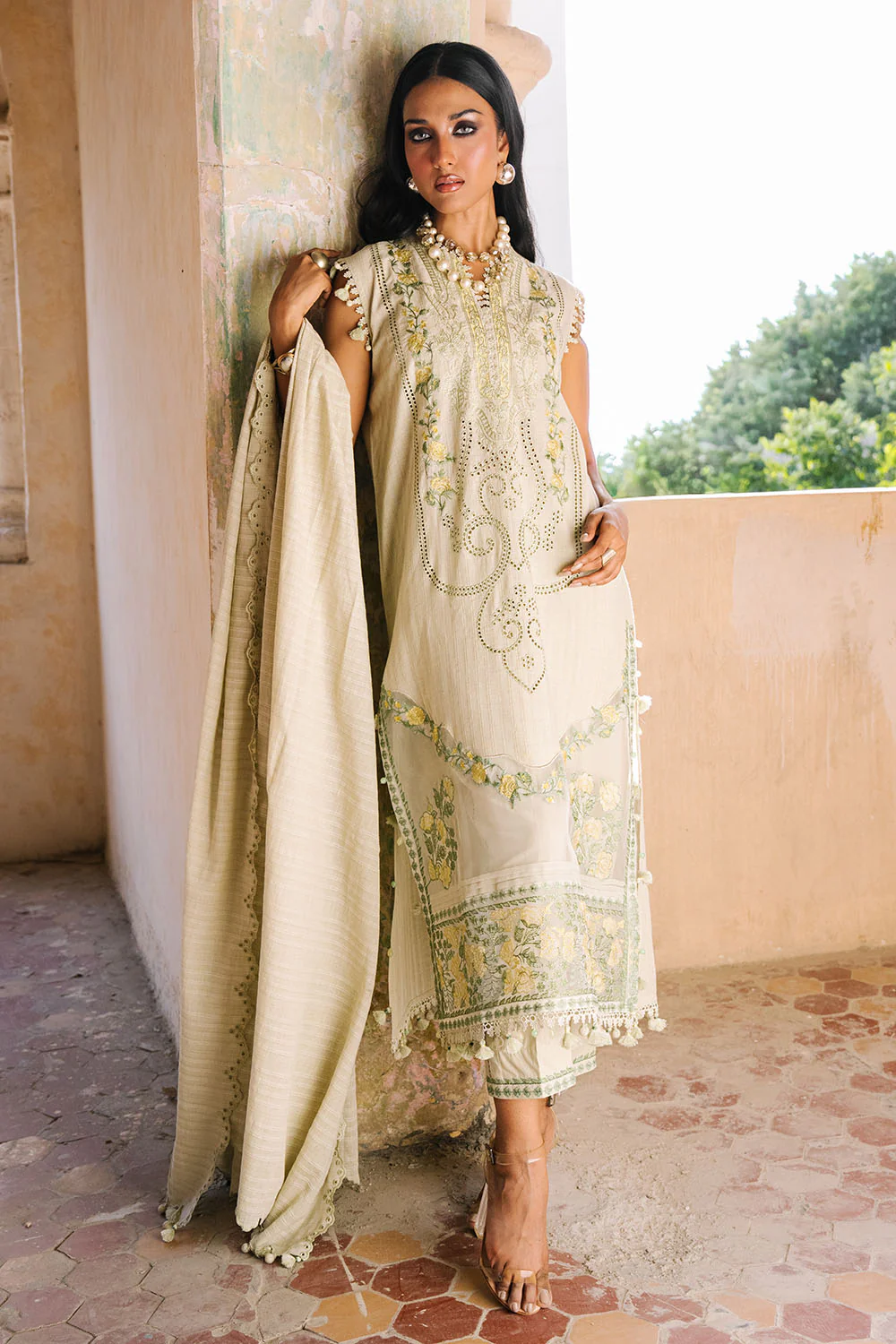 3 Piece Embroidered Zari Stripe Suit with Organza Borders and Embroidered Jacquard Dupatta - Image 6