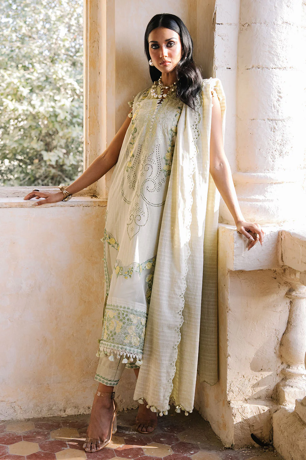 3 Piece Embroidered Zari Stripe Suit with Organza Borders and Embroidered Jacquard Dupatta - Image 7