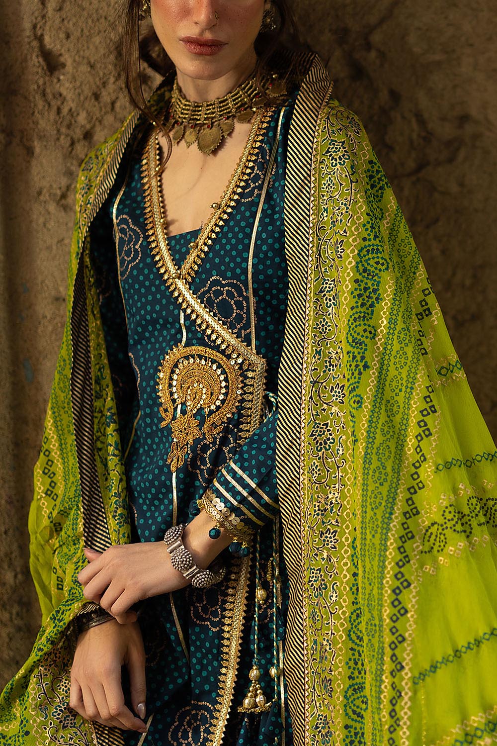 3 Piece Gold and Lacquer Printed Lawn Suit with Gold and Lacquer Printed Chiffon Dupatta and Dyed Trouser - Image 2