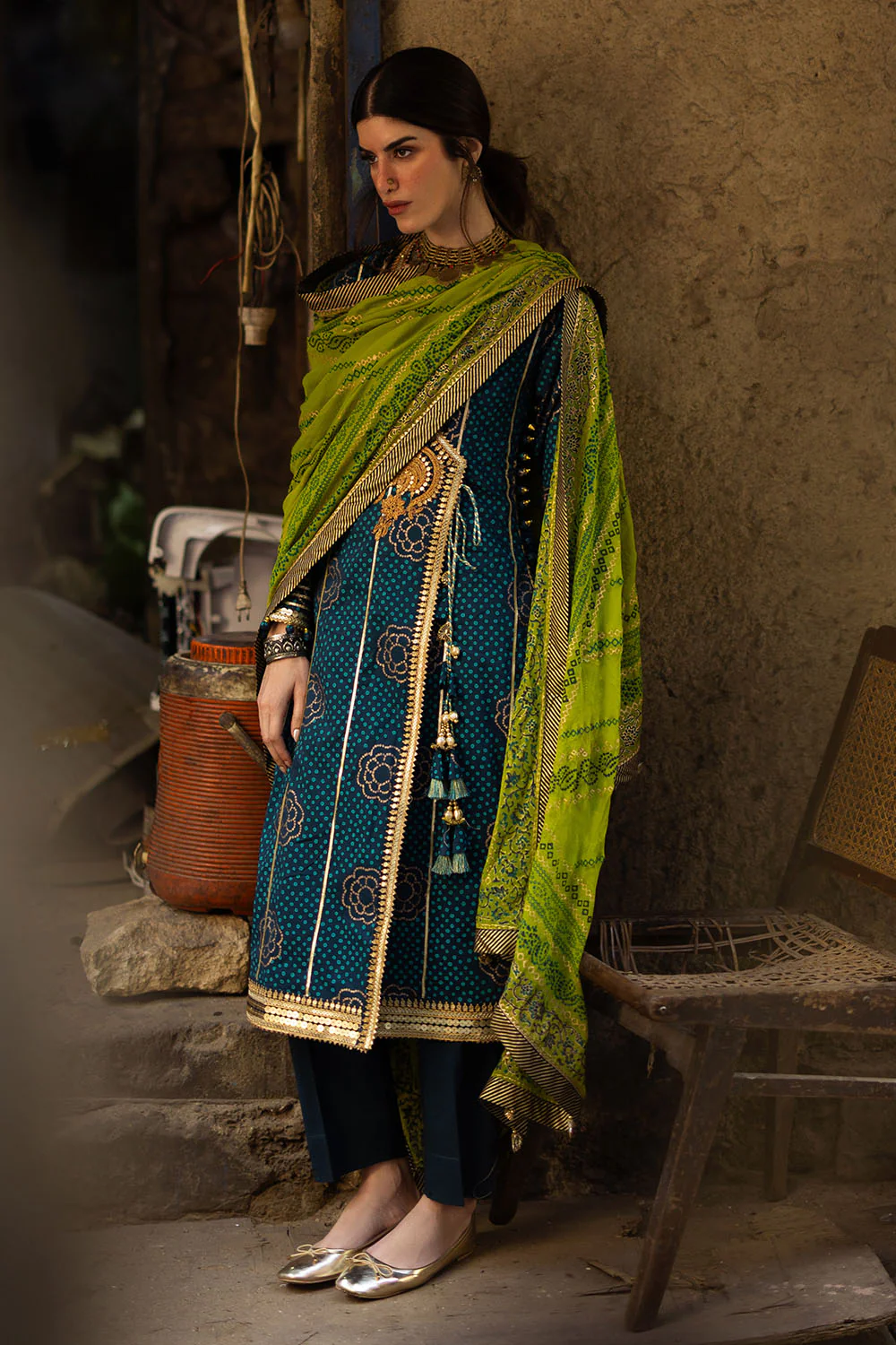 3 Piece Gold and Lacquer Printed Lawn Suit with Gold and Lacquer Printed Chiffon Dupatta and Dyed Trouser - Image 3