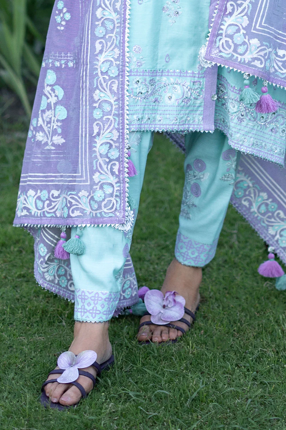 3 Piece Gold and Lacquer Printed Raw Silk Suit with Handwork Details and Gold and Lacquer Printed Cotton Net Dupatta - Image 3