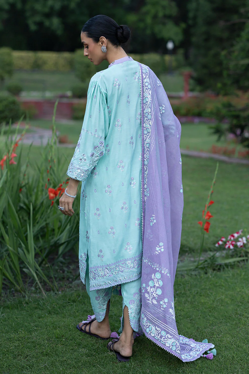 3 Piece Gold and Lacquer Printed Raw Silk Suit with Handwork Details and Gold and Lacquer Printed Cotton Net Dupatta - Image 4