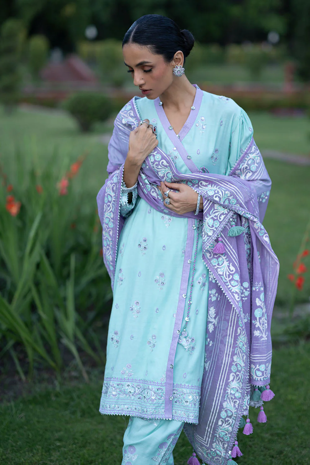 3 Piece Gold and Lacquer Printed Raw Silk Suit with Handwork Details and Gold and Lacquer Printed Cotton Net Dupatta - Image 5