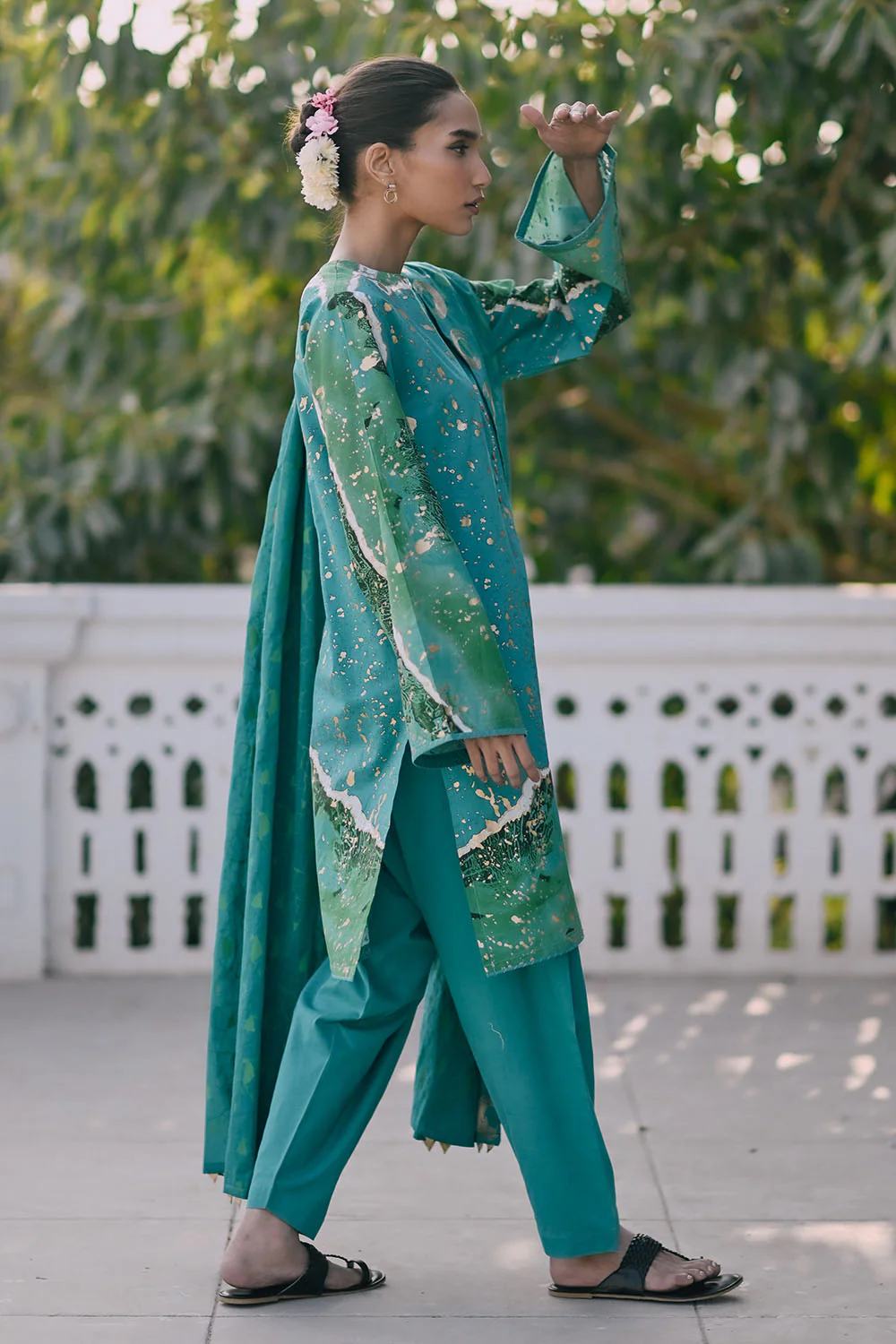 3 Piece Gold Printed Lawn Suit with Embroidered Lacquer Printed Dupatta - Image 3