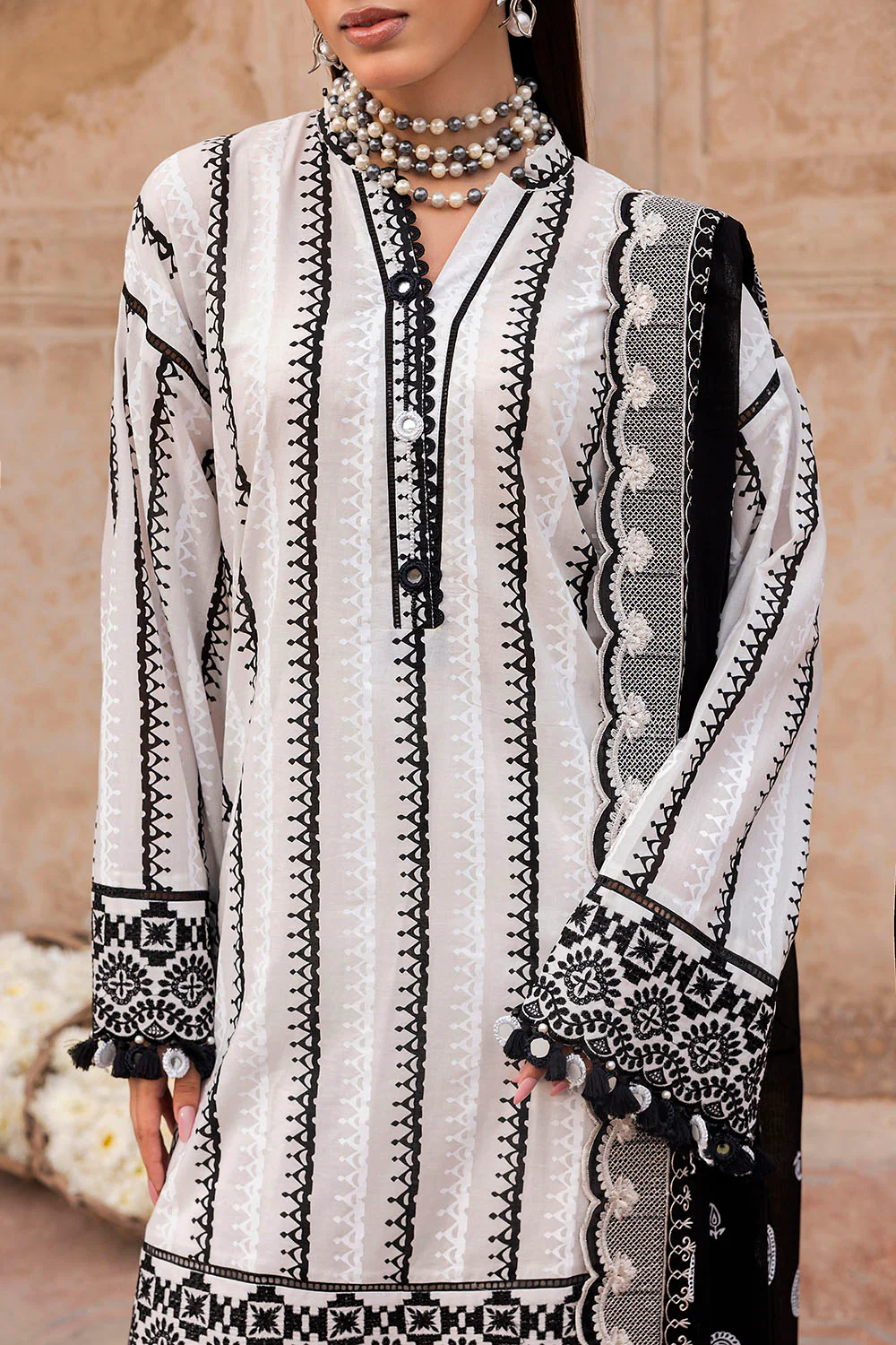 3 Piece Lacquer Printed Lawn Suit with Embroidered Lacquer Printed Denting Dupatta and Printed Trouser - Image 2