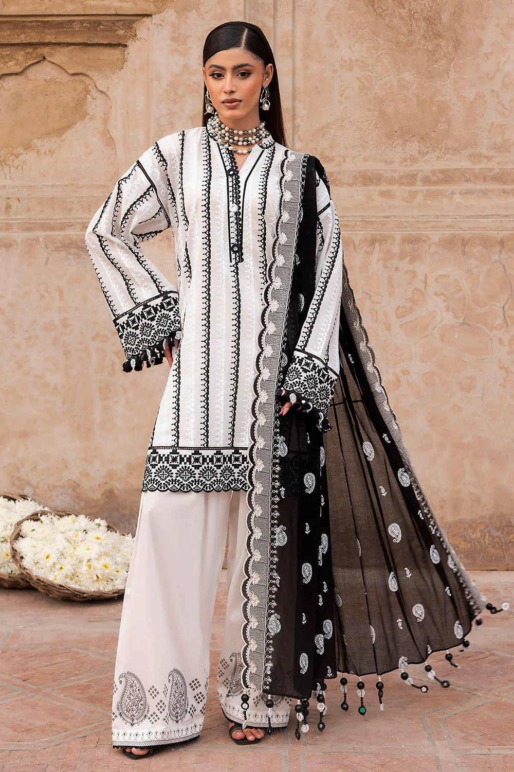 3 Piece Lacquer Printed Lawn Suit with Embroidered Lacquer Printed Denting Dupatta and Printed Trouser - Image 6