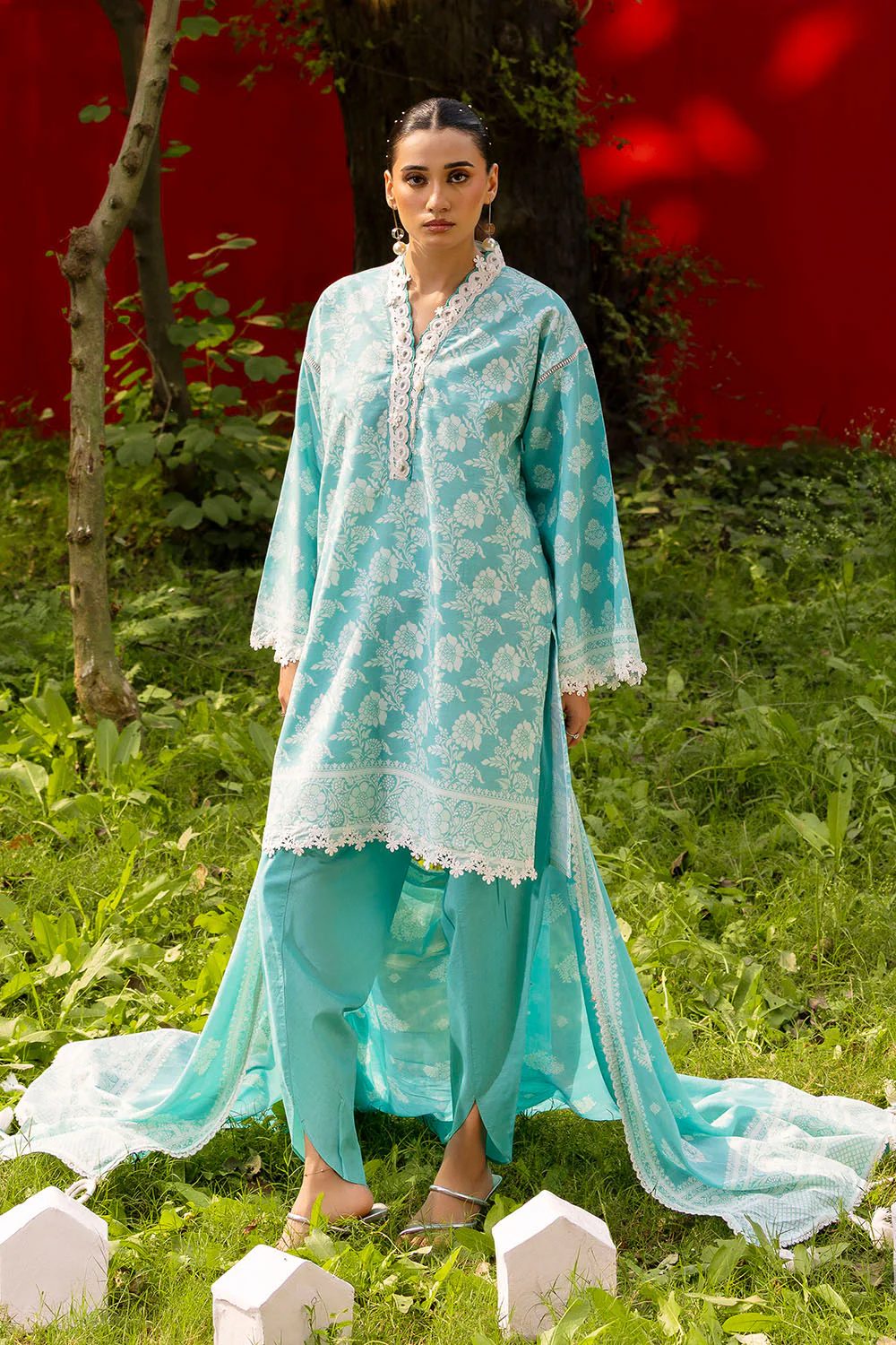3 Piece Lacquer Printed Lawn Suit with Lace and Dupatta - Image 6
