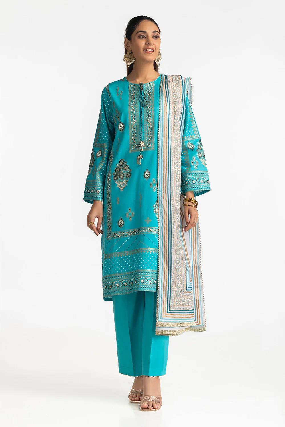 3 Piece Lawn Gold And Lacquer Printed Suit IUSTKSD-273