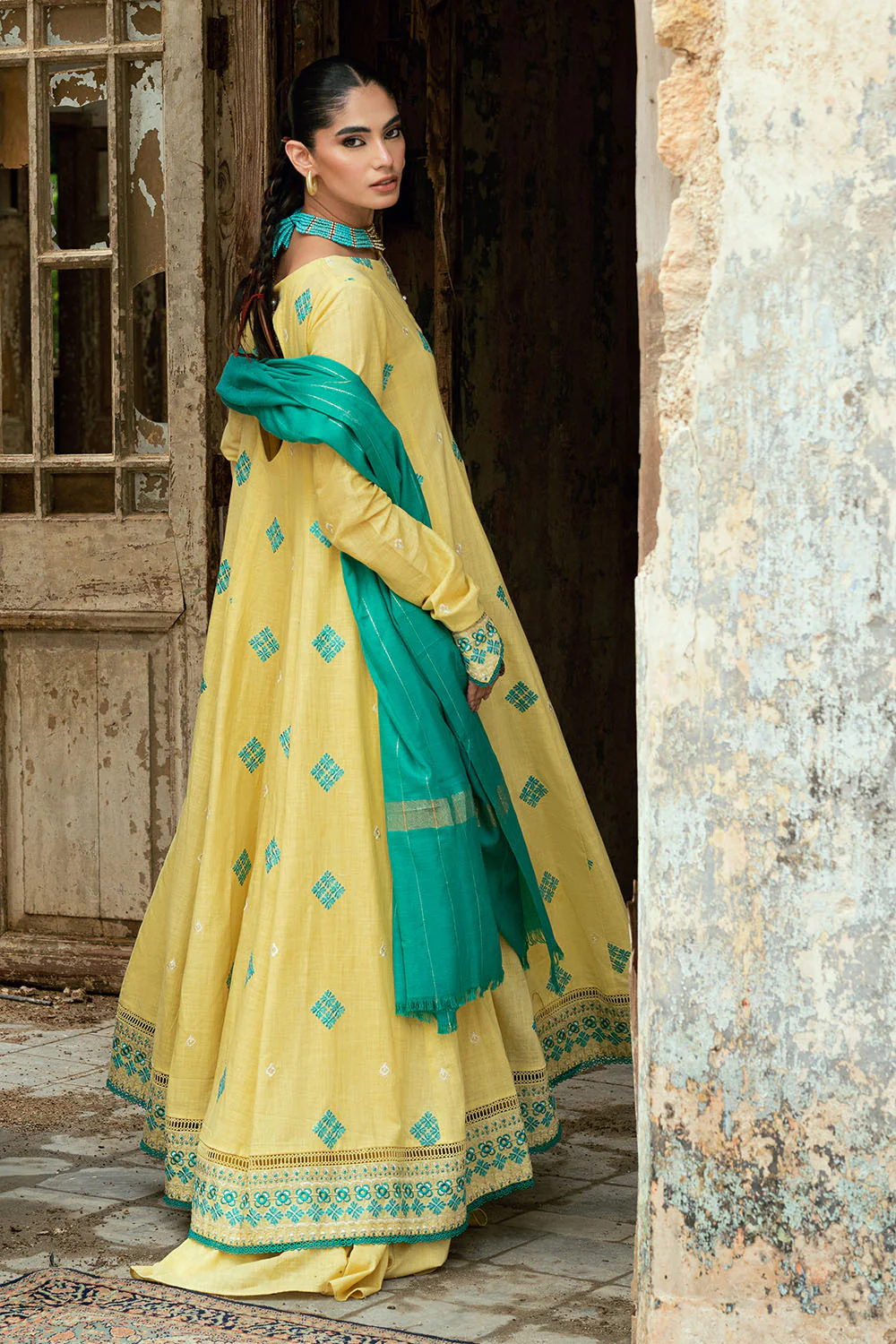 3 Piece Pashmina Suit with Embroidered Khaddar Shirt and Dyed Trouser - Image 3