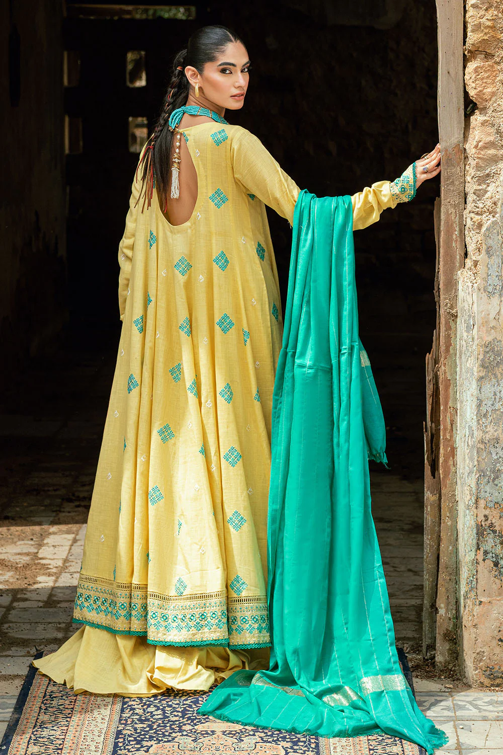 3 Piece Pashmina Suit with Embroidered Khaddar Shirt and Dyed Trouser - Image 4